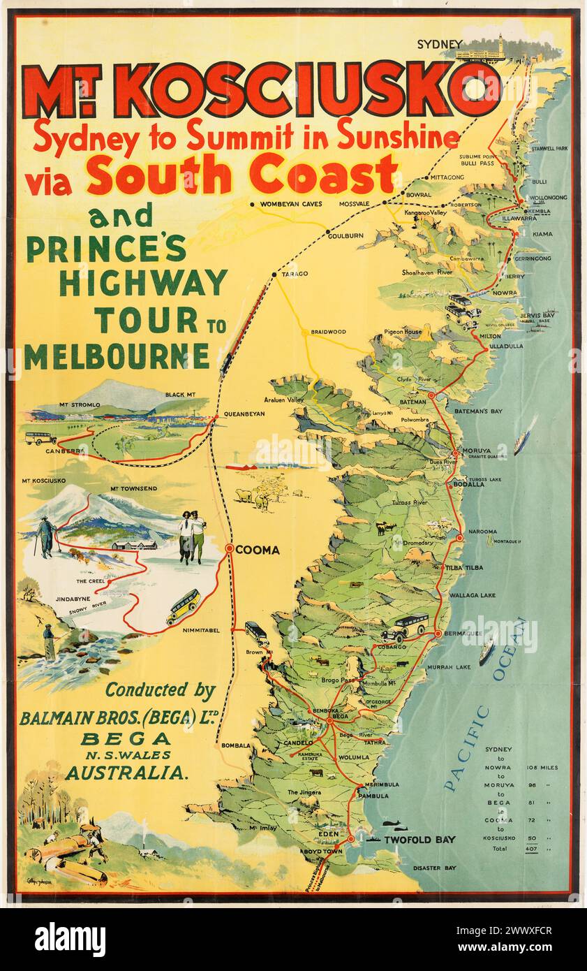 Affiche cartographique vintage. Mont Kosciusko : de Sydney au sommet sous le soleil via la côte sud des années 1920 Banque D'Images