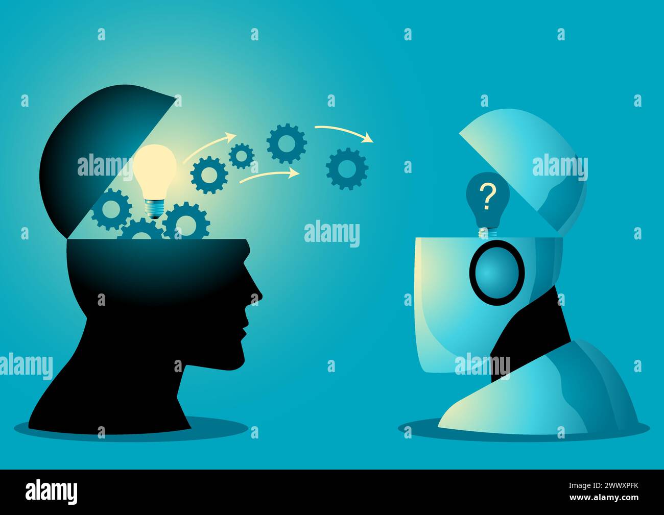 Représente symboliquement une tête humaine transférant des connaissances à un robot, concept d'apprentissage IA, illustration vectorielle Illustration de Vecteur