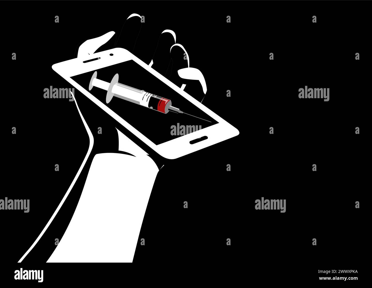 Cette image représente une main molle sur le sol, serrant un téléphone portable avec une image de seringue sur son écran, symbolisant la prise de l'addi des médias sociaux Illustration de Vecteur