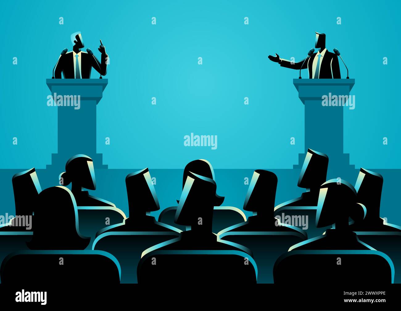 Illustration vectorielle représentant deux individus engagés dans un débat animé sur un podium, symbolisant l'essence du dialogue, des perspectives différentes, un Illustration de Vecteur