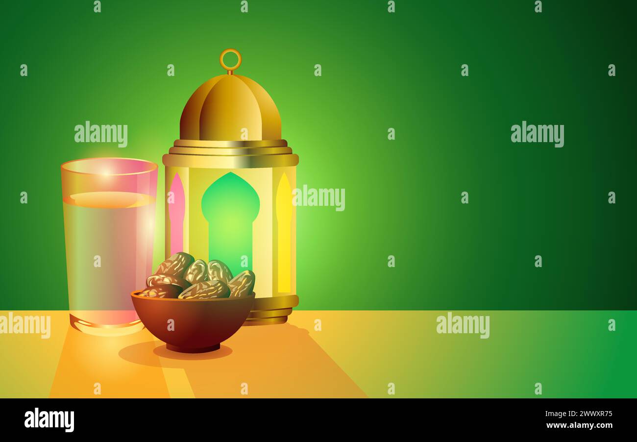 Illustration vectorielle d'un bol de dattes, d'une lanterne et d'un verre d'eau sur fond vert, tradition de rupture de jeûne pendant le Ramadan et tradi Illustration de Vecteur