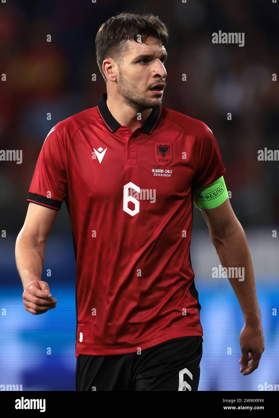 Parme, Italie, 22 mars 2024. Berat Djimsiti, d’Albanie, regarde pendant le match amical international au Stadio Ennio Tardini, Parme. Le crédit photo devrait se lire : Jonathan Moscrop / Sportimage Banque D'Images