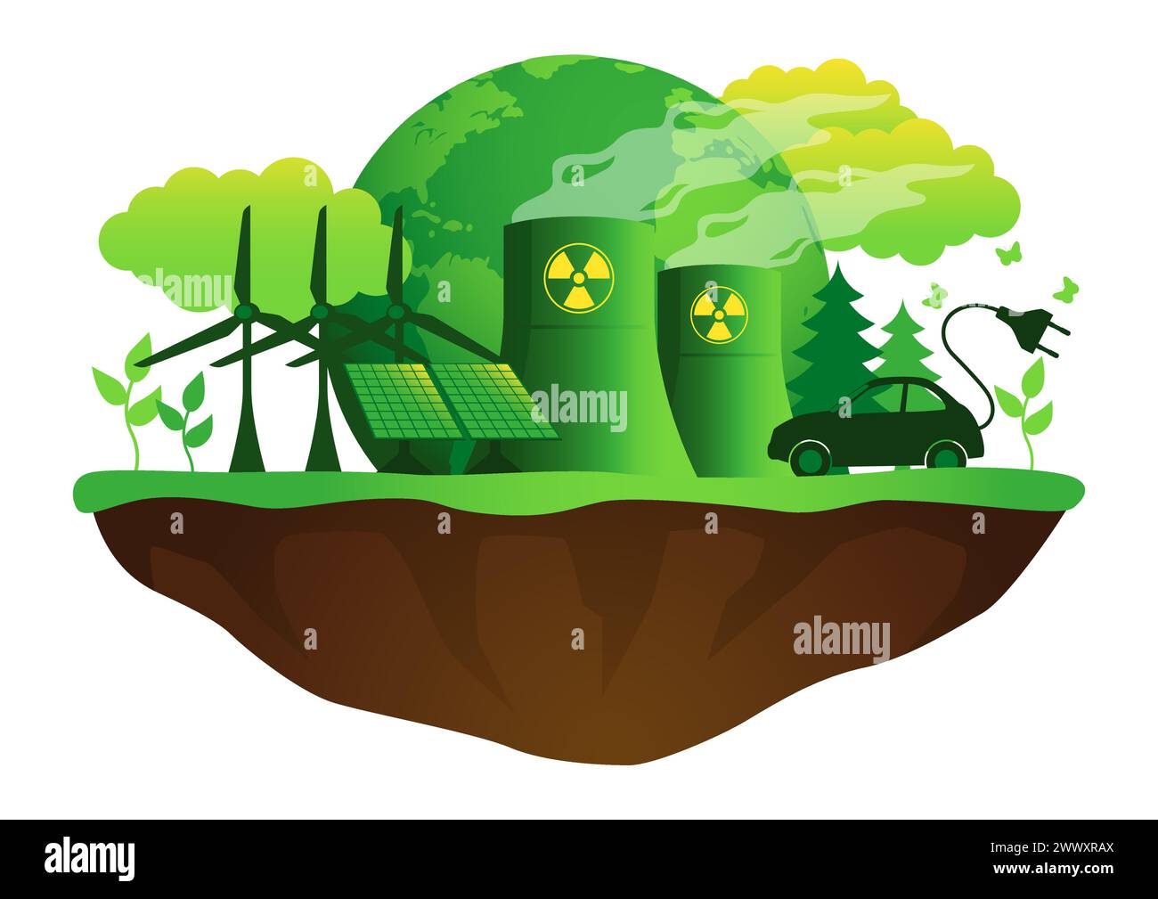 Icône d'énergie verte écologique. Ce graphique combine des symboles de l'énergie éolienne, de l'énergie nucléaire et des panneaux solaires, représentant une synergie harmonieuse vers le War Illustration de Vecteur