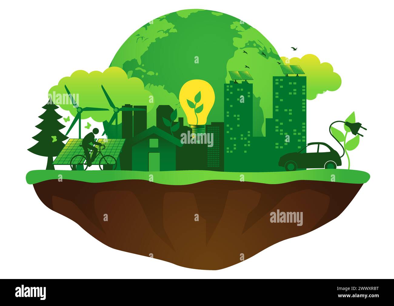 Vie durable avec cette illustration écologique représentant une terre verte entourée de symboles d'énergie renouvelable et soucieuse de l'environnement Illustration de Vecteur