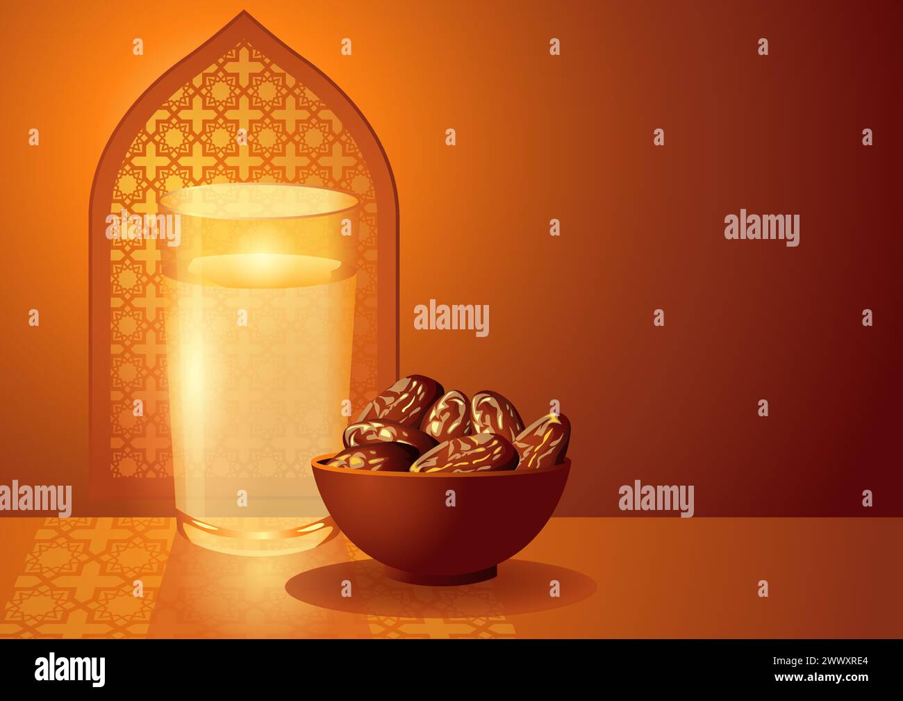 Illustration vectorielle d'un bol de dattes et d'un verre d'eau sur fond de fenêtre, tradition de rupture de jeûne pendant le Ramadan et traditiona Illustration de Vecteur
