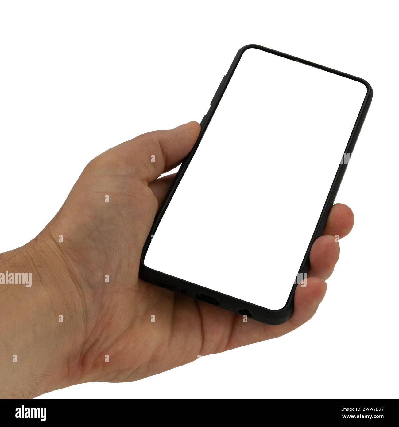 Main tenant un smartphone à écran vierge Banque D'Images