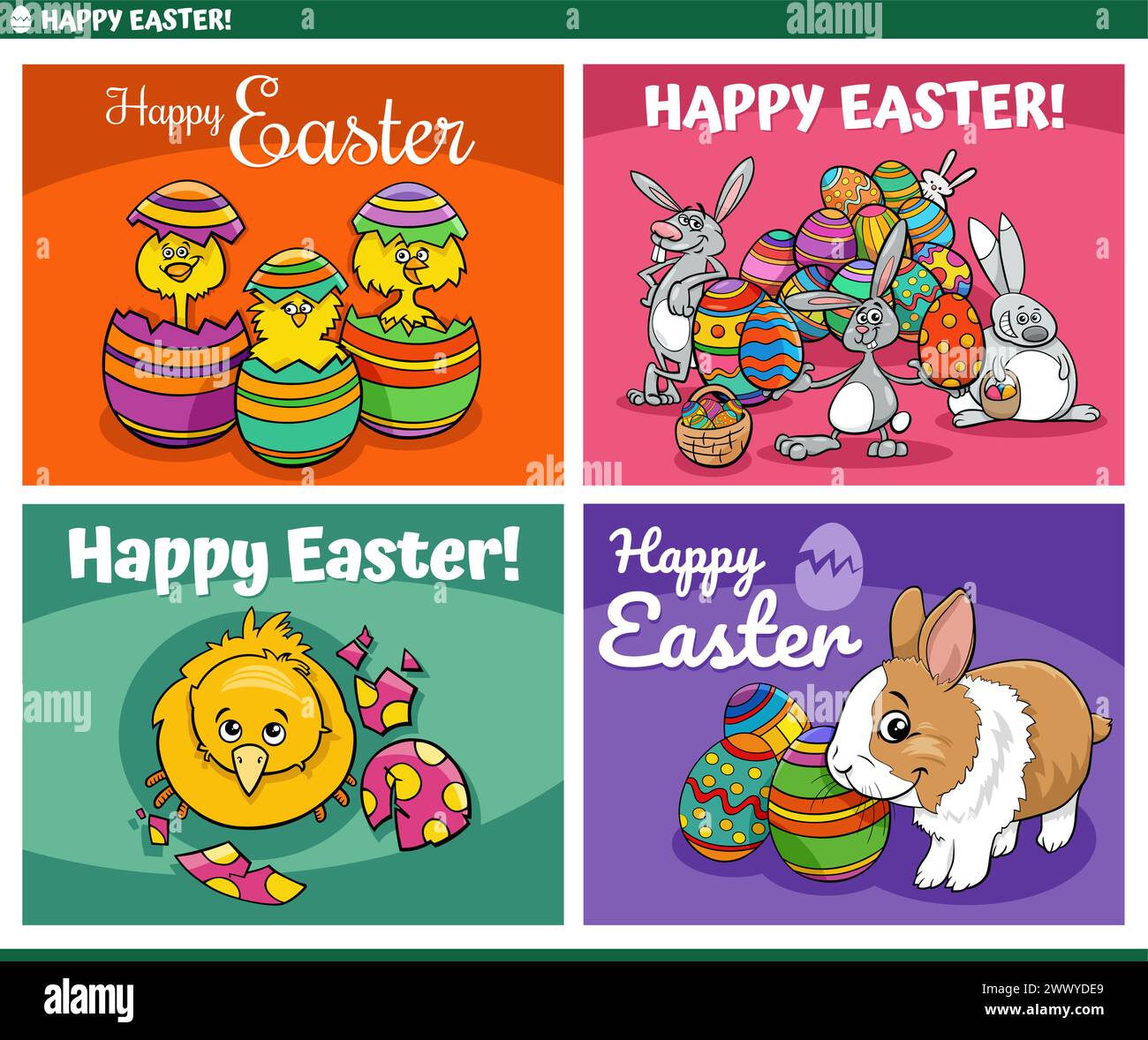 Illustration de bande dessinée de dessins de cartes de voeux de vacances de Pâques ensemble avec des lapins et des poussins Illustration de Vecteur