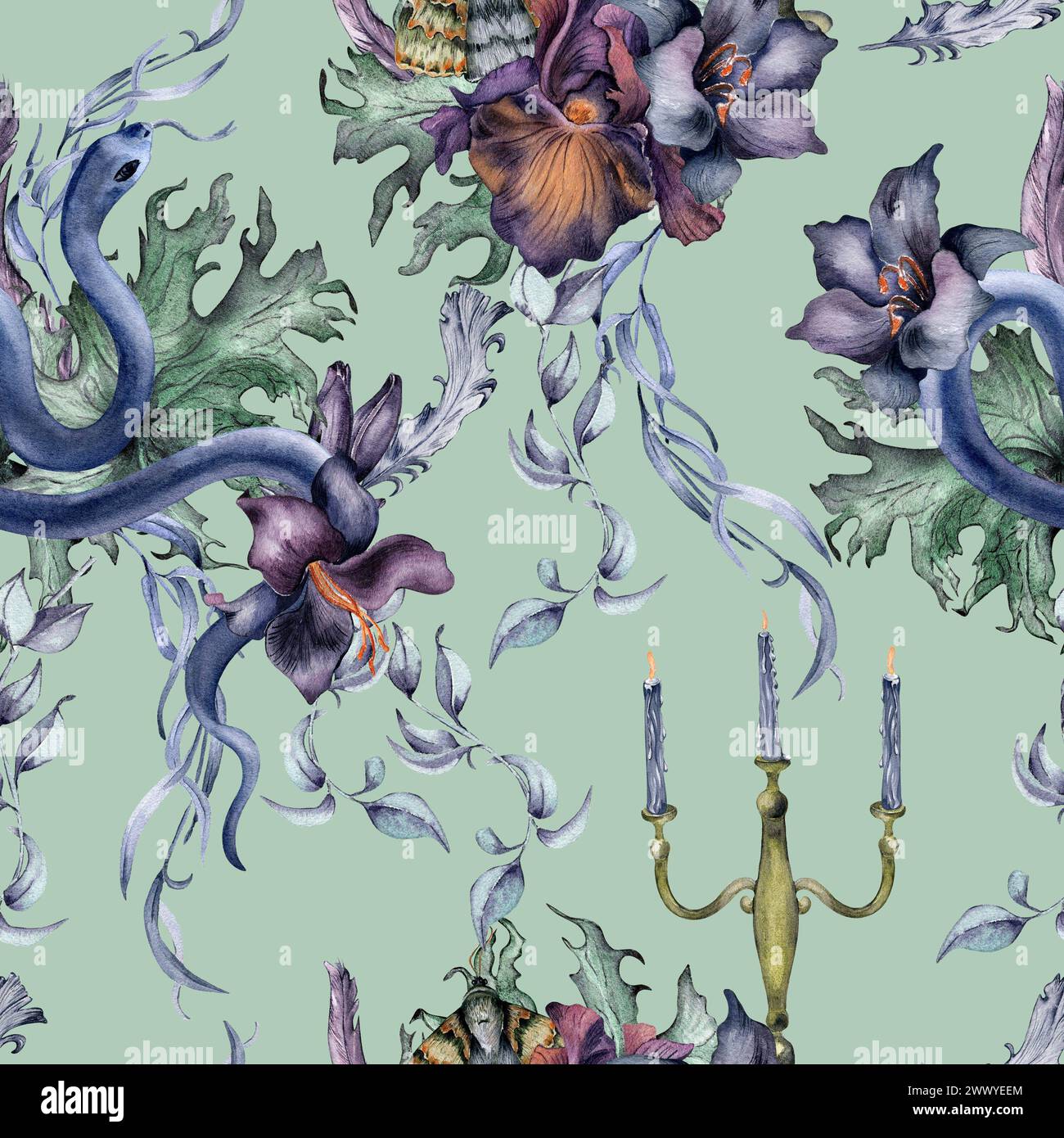 Motif floral gothique sans couture avec serpent isolé sur bleu. Fleur d'iris violet et aquarelle de lis noir. Décoration d'art botanique pour mariage noir, Banque D'Images
