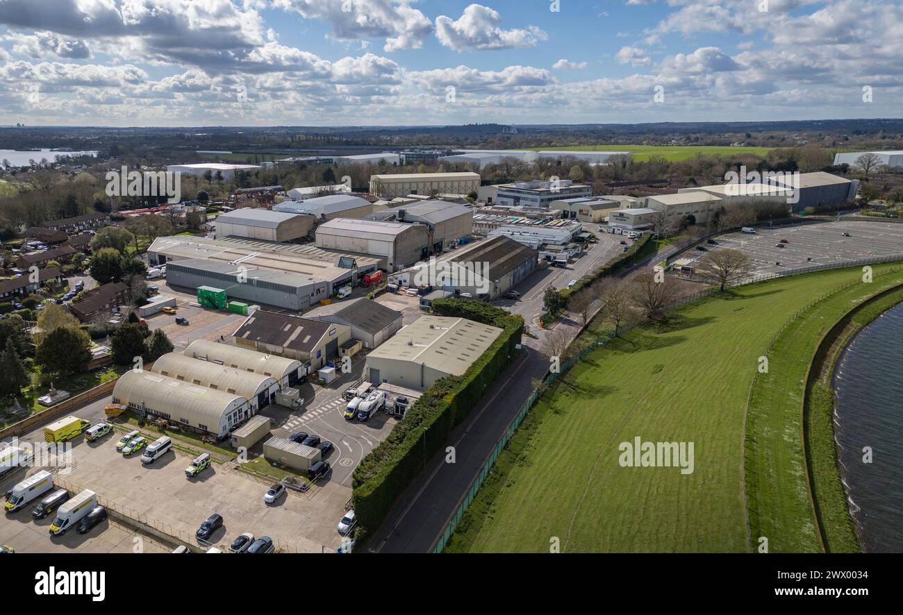 Vue aérienne du site principal de Shepperton Studios (TW17) dans le Surrey, Royaume-Uni. Banque D'Images