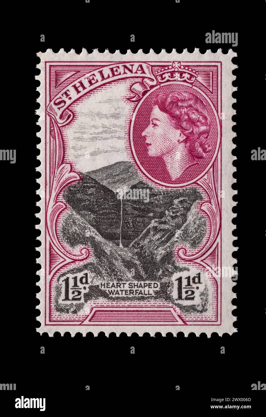 Timbre-poste vintage de Sainte-Hélène circa 1953 Reine Elizabeth II. Illustration montrant les chutes en forme de cœur. Banque D'Images