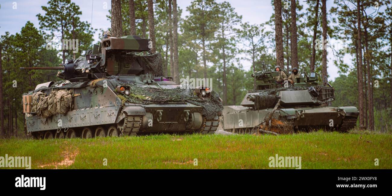 Une unité d'infanterie blindée et blindée légère affectée au 3e bataillon, 69e régiment d'armures, 1re brigade blindée, 3e division d'infanterie, défend une colline au joint Readiness Training Center (JRTC) à Fort Johnson, Louisiane, le 20 mars 2024. Des pétroliers entraînés avec des unités d'infanterie blindées légères dans différents environnements, y compris des zones boisées et des terrains ouverts, au cours de leur rotation d'entraînement de deux semaines au JRTC. (Photo de l'armée américaine par le PFC Luciano Alcala) Banque D'Images