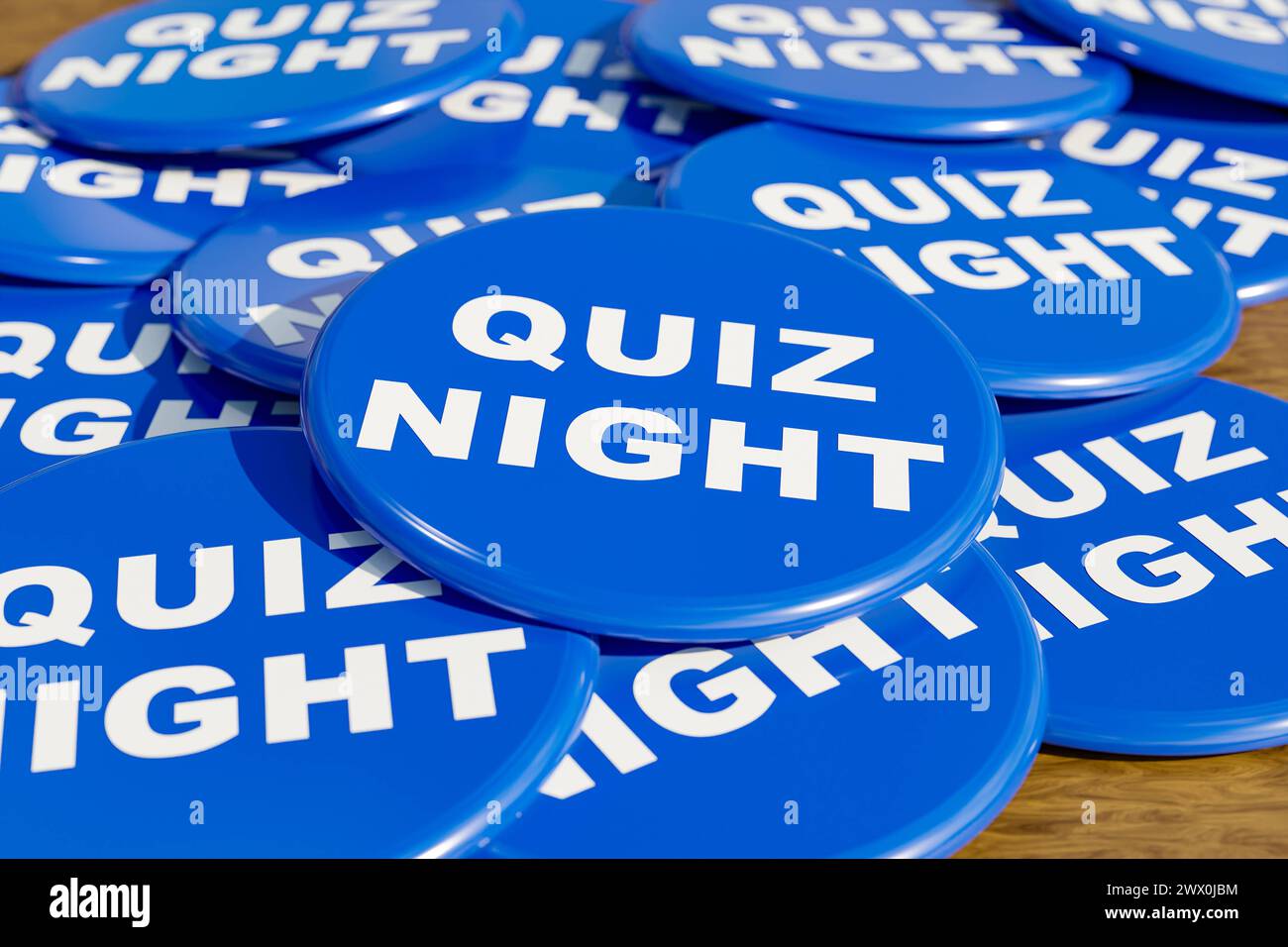 Soirée quiz. Soirée quiz. Badges bleus posés sur la table avec le message Quiz Night . Jeux de loisirs, activités, soirée de jeu, événement, fête, lecture. 3D. Banque D'Images