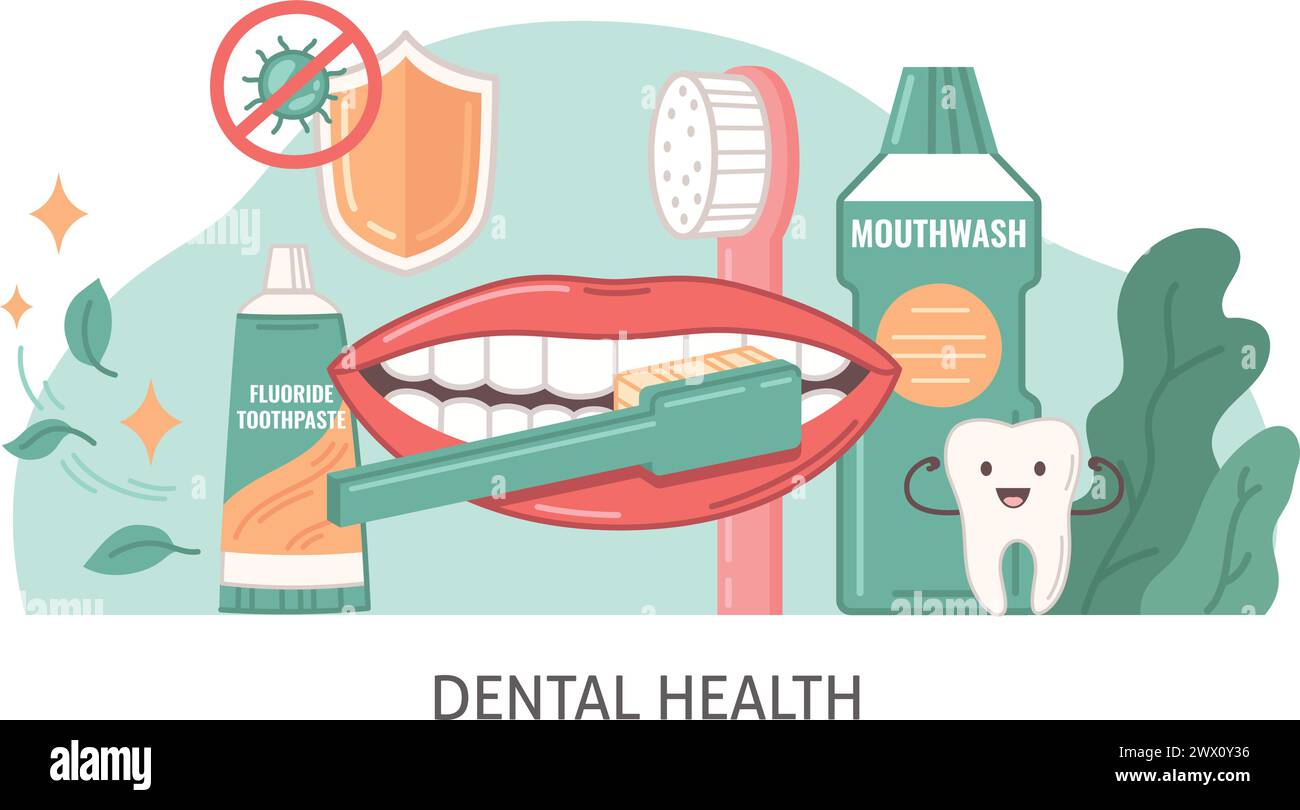 Dessin animé plat de santé dentaire avec illustration vectorielle de symboles d'hygiène buccale Illustration de Vecteur