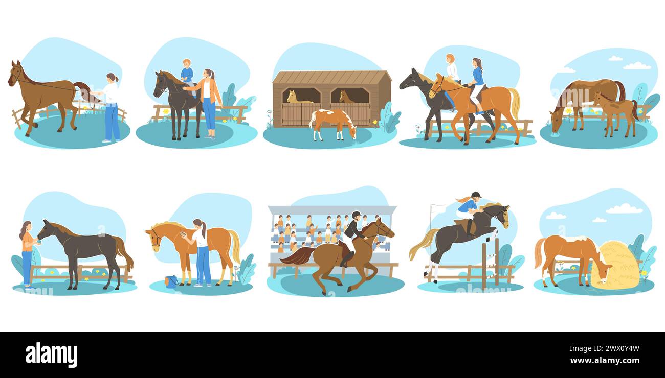 Les gens à cheval s'occupant des chevaux qui courent dans l'ensemble plat de course illustration vectorielle isolée Illustration de Vecteur