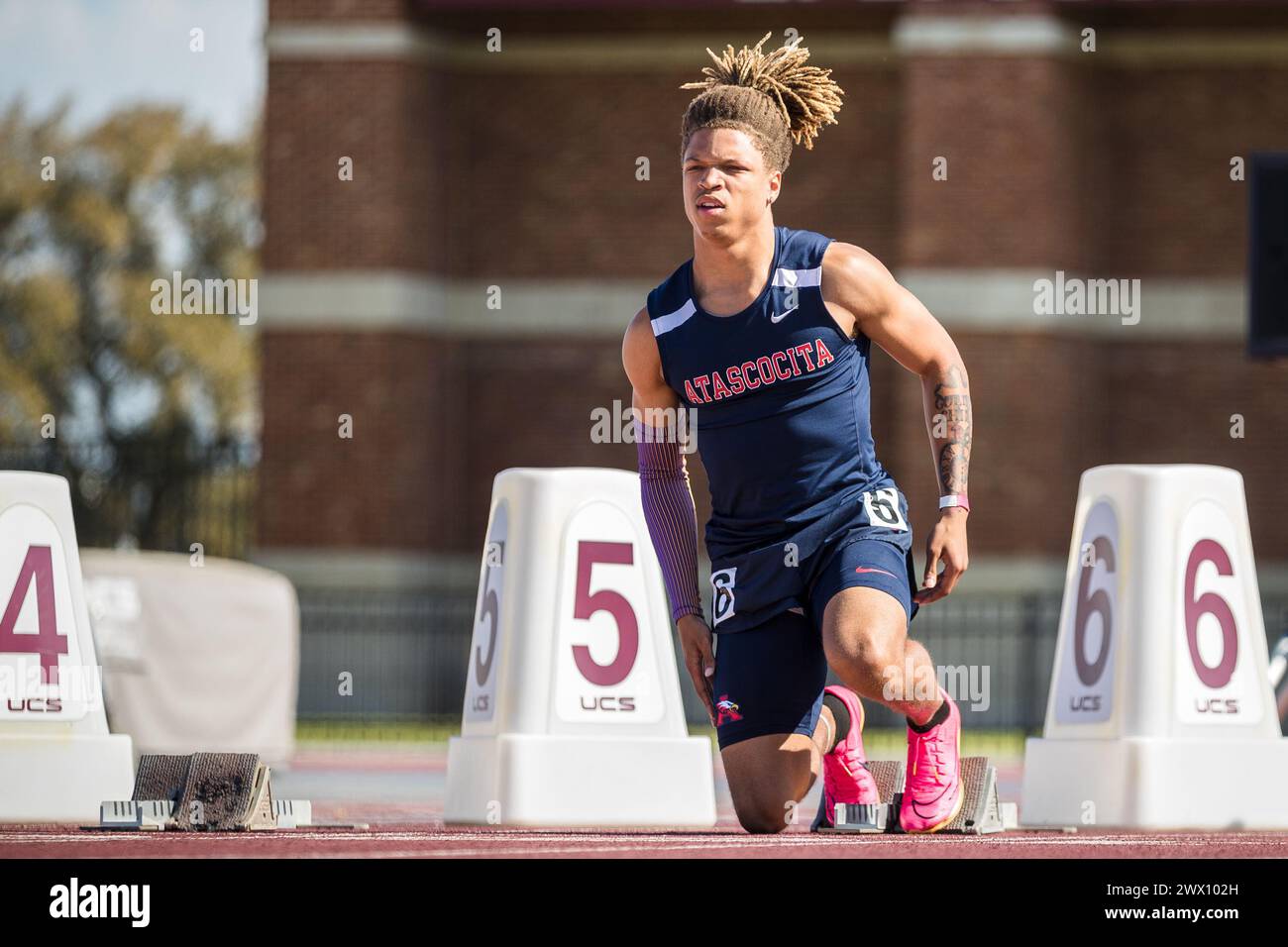 1er mars 2024 : Jelani Watkins de l'humble Atascocita High School participe aux préliminaires Boys 100 Meter Dash lors de la Texas A&M Bluebonnet High School Track and Field Invitational de 2024 au stade E.B. Cushing à College Station, Texas. Prentice C. James/CSM (crédit image : © Prentice C. James/Cal Sport Media) Banque D'Images