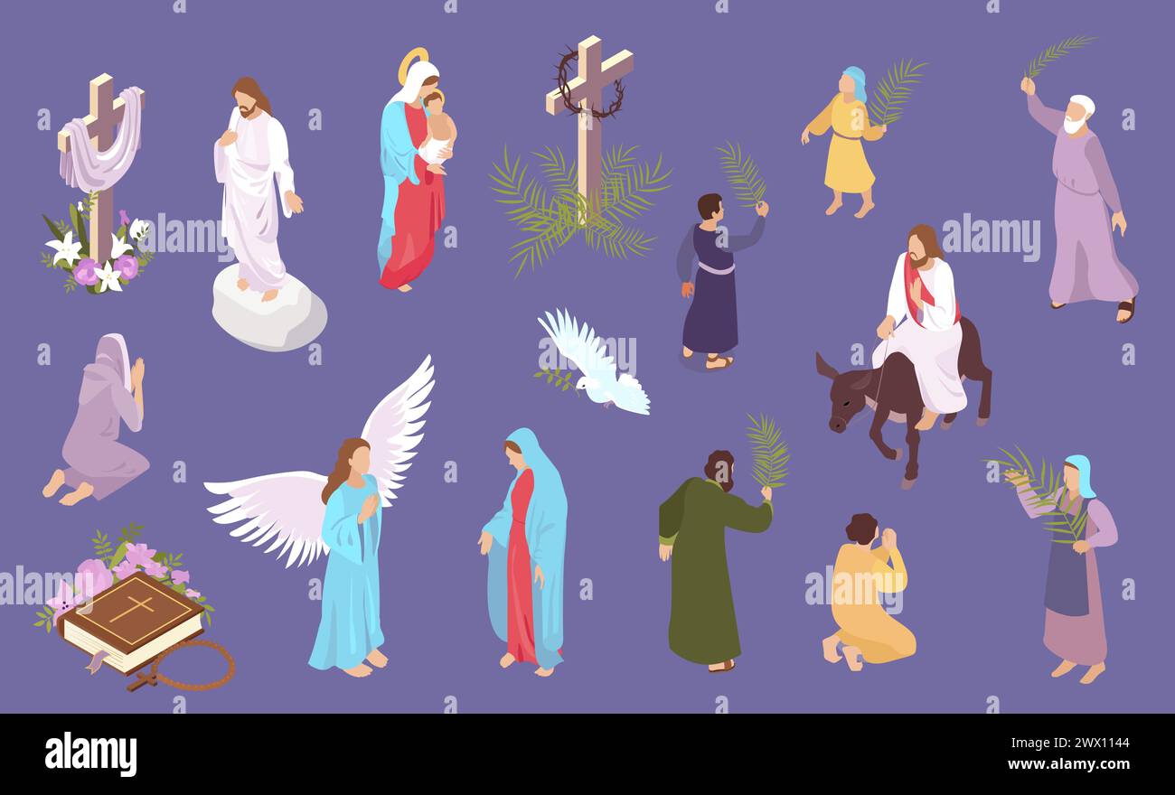 Ensemble isométrique de Pâques avec des personnages de jésus-christ et vierge marie isolé sur fond de couleur illustration vectorielle 3D. Illustration de Vecteur