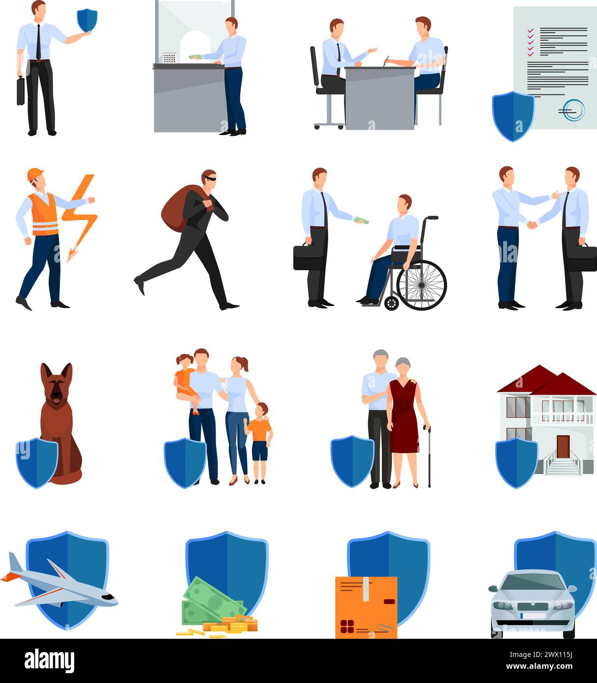 Services des icônes de compagnie d'assurance ensemble avec des négociations de politique sécurité de la santé et la propriété illustration de vecteur isolé Illustration de Vecteur