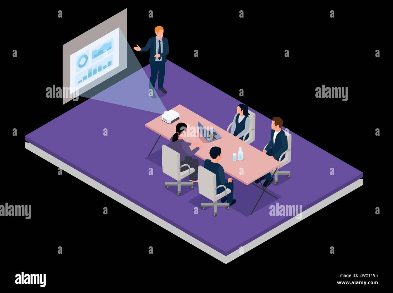 Concept de salle de réunion avec illustration vectorielle isométrique des symboles de discussion et de conférence Illustration de Vecteur