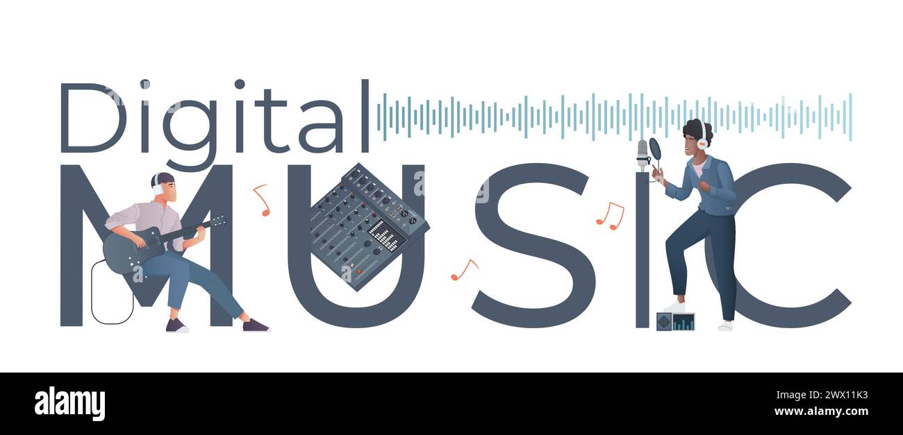 Concept d'en-tête plat de musique numérique avec le signal vocal de grandes lettres et de petits personnages d'homme avec illustration vectorielle de guitare et de microphone Illustration de Vecteur