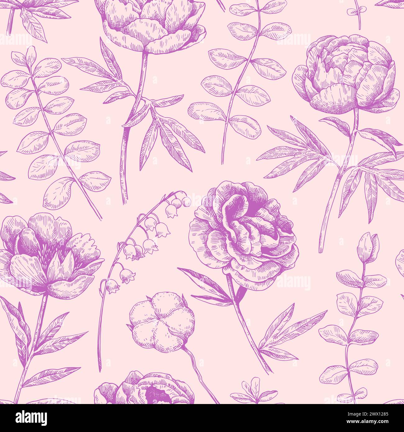 Motif monochrome sans couture avec pivoine et eucalyptus dans le style de gravure victorien. Illustration vectorielle. Illustration de Vecteur