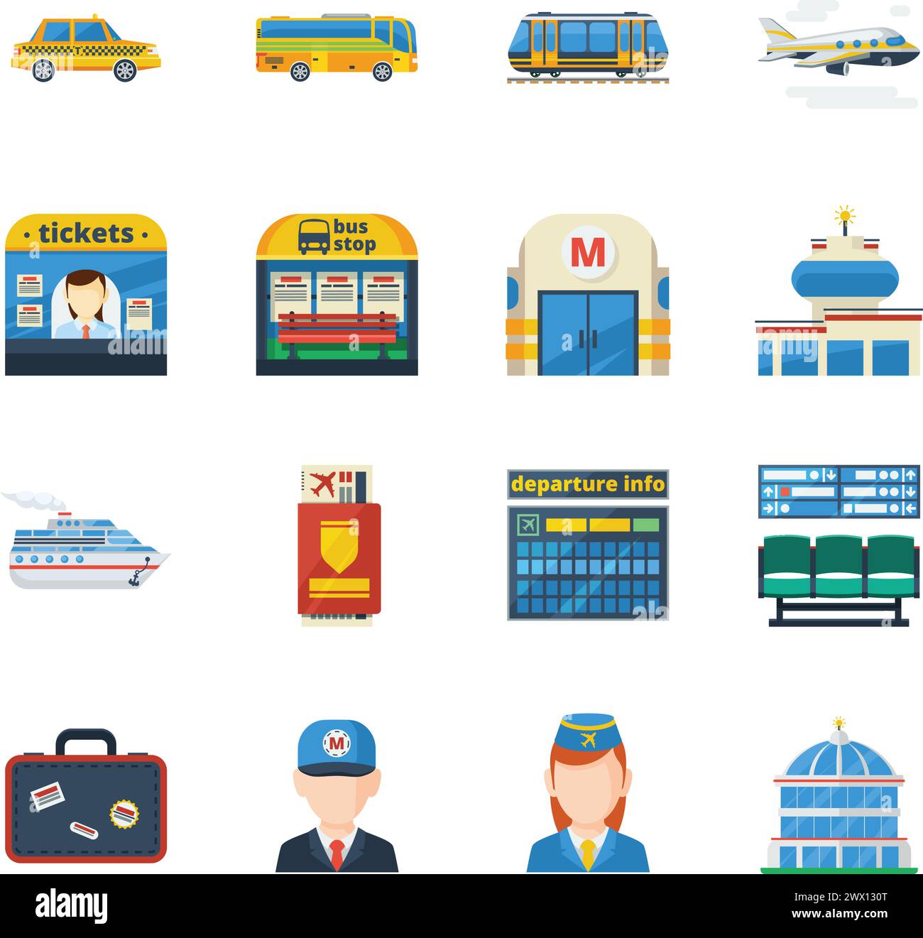 Transport de passagers icônes plates ensemble de jet plane bus taxi métro illustration vectorielle isolée Illustration de Vecteur