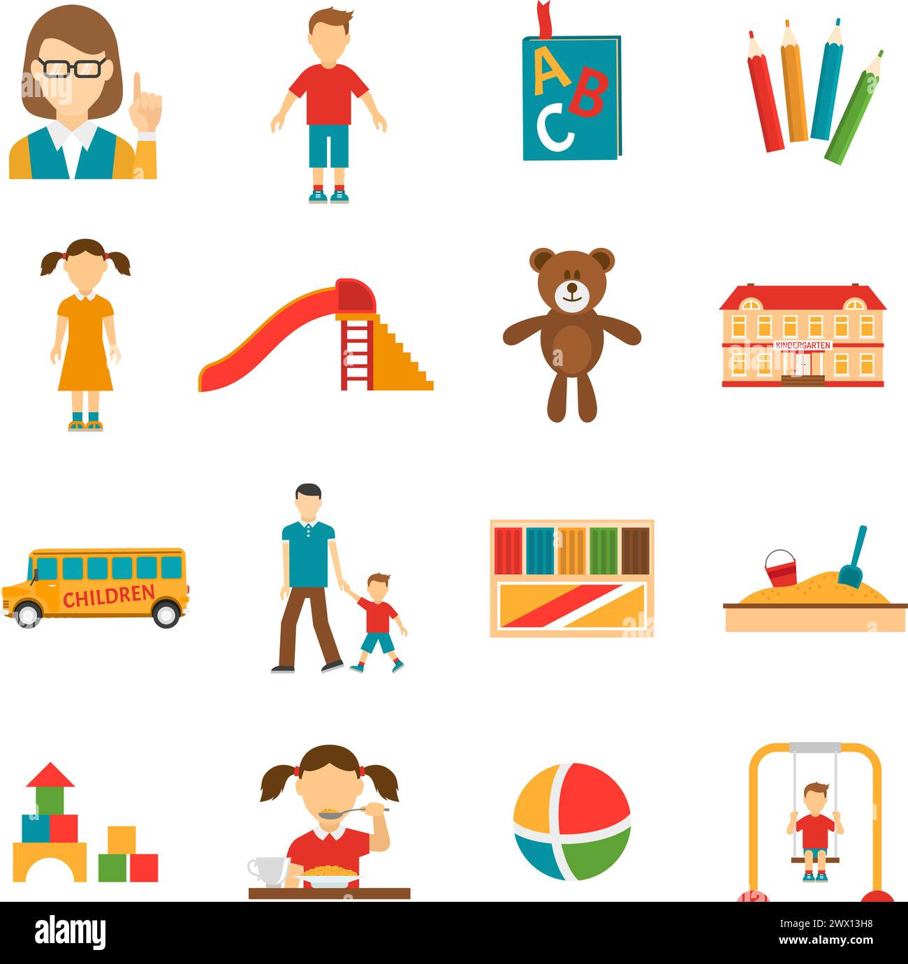 Ensemble d'icônes de différents objets et personnages de jardin d'enfants comme jouet ou l'illustration vectorielle isolée plate d'enseignant Illustration de Vecteur