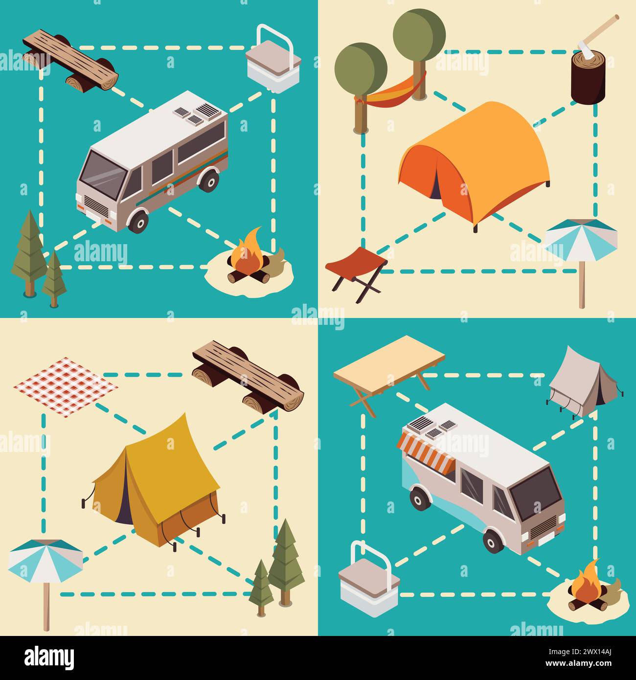 Compositions isométriques de camp avec des véhicules de lignes et de l'équipement touristique éléments forestiers et illustration de vecteurs isolés de feu de camp Illustration de Vecteur