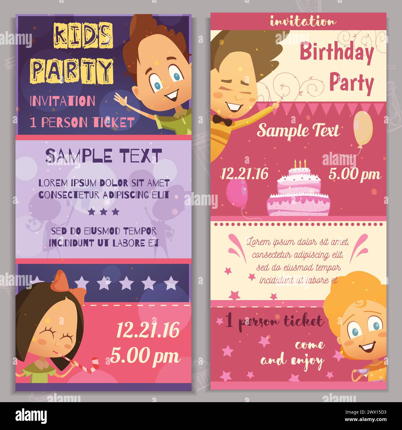 Enfants fête invitation mise en page bannières verticales avec des enfants heureux visages gâteau d'anniversaire et des endroits pour l'exemple de texte illustration vectorielle plate Illustration de Vecteur