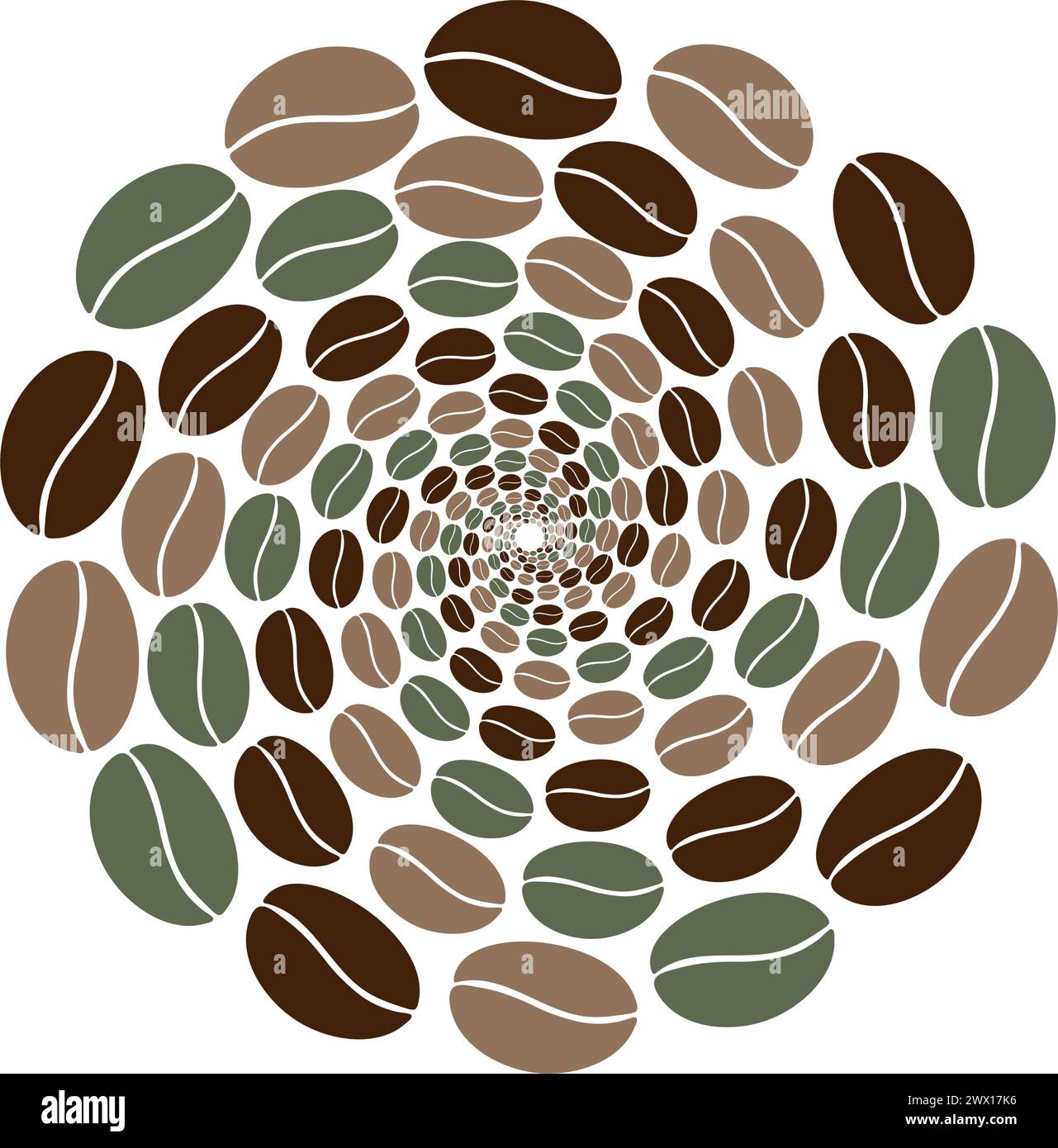 Forme de cercle abstrait de grains de café multicolores se déplaçant en spirale en marron et vert tendance. Salutations ou concept de conception de toile de fond. Isoler. EPS. Vecteur pour cartes, affiche, bannière, panneaux d'affichage ou web Illustration de Vecteur