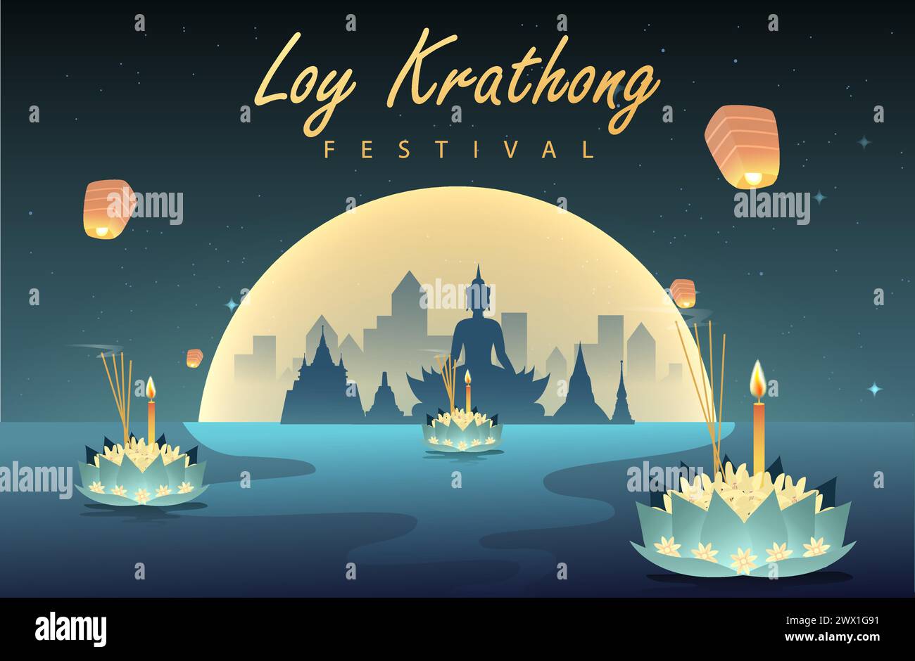 Loy krathong Festival Travel Thailand Poster Design illustration vectorielle de fond. Chao Phraya River Holy place en Thaïlande contexte. Illustration de Vecteur