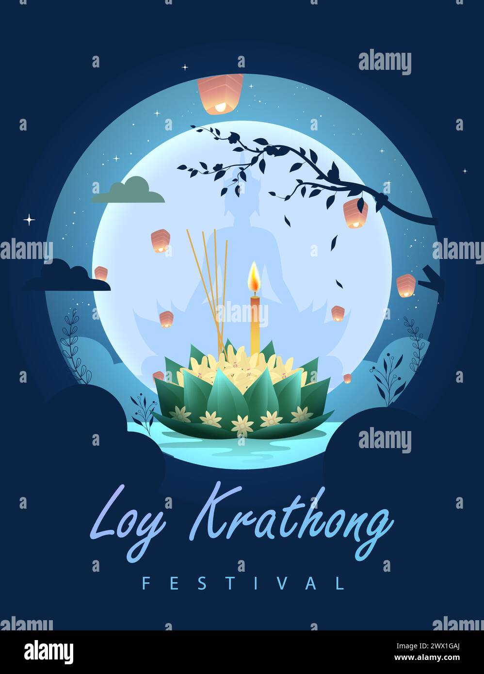 Loy krathong Festival Travel Thailand Poster Design illustration vectorielle de fond. Chao Phraya River Holy place en Thaïlande contexte. Illustration de Vecteur