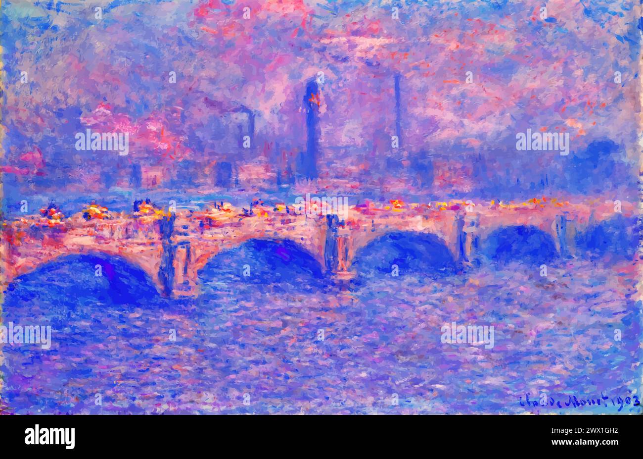 Pont de Waterloo, effet soleil, 1903 (peinture) de l'artiste Monet, Claude (1840-1926) Français. Illustration de Vecteur