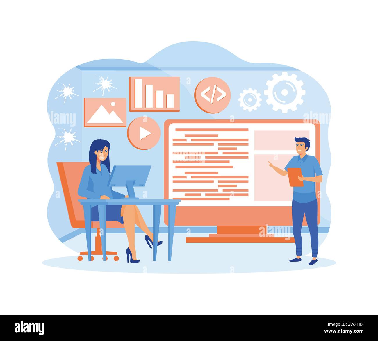 Concept d'ingénieur logiciel. Conception et développement Web, programmeur et codage site Web ou application. ingénieur de projet, logiciel de programmation. moder vectoriel plat Illustration de Vecteur