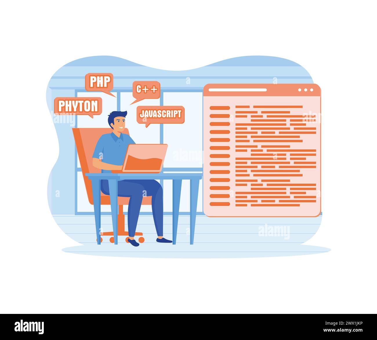 Ingénieur logiciel assis dans la chaise travaillant sur le code de langage de programmation d'utilisation d'ordinateur portable. illustration moderne vectorielle plate Illustration de Vecteur