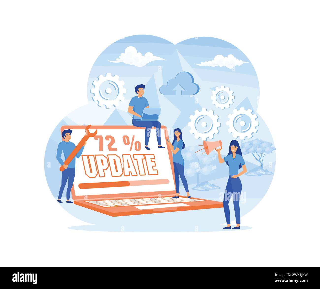 Mises à jour du système avec des personnes qui mettent à jour l'opération dans des programmes informatiques et d'installation. maintenance du système. illustration moderne vectorielle plate Illustration de Vecteur
