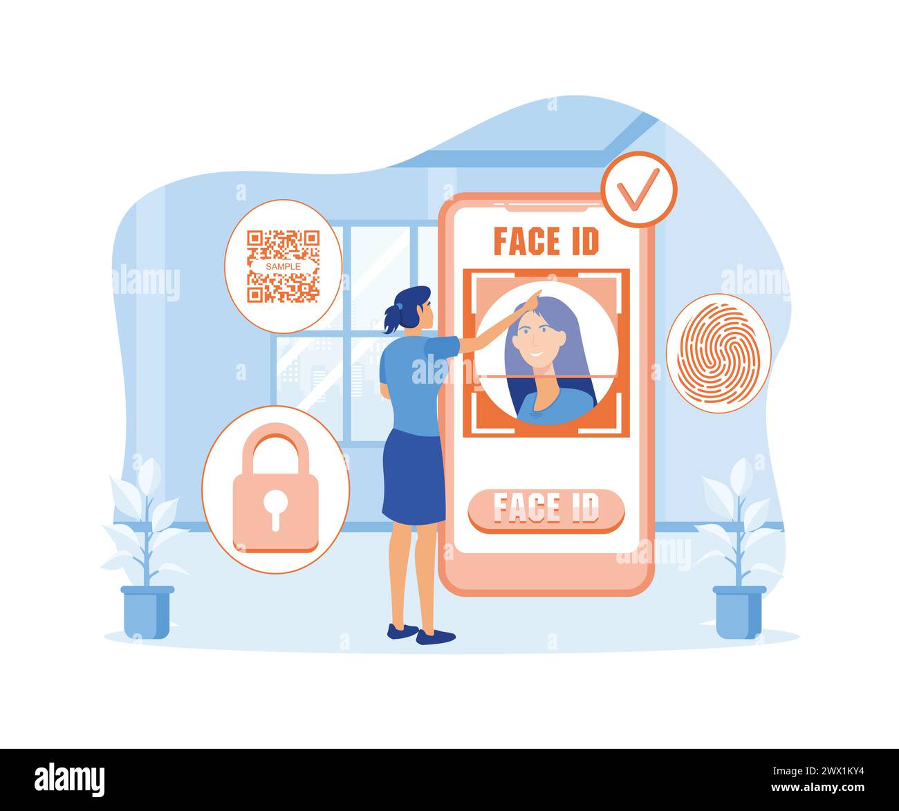 Reconnaissance faciale et sécurité des données. les utilisateurs de téléphones mobiles ont accès aux données après vérification biométrique. illustration moderne vectorielle plate Illustration de Vecteur
