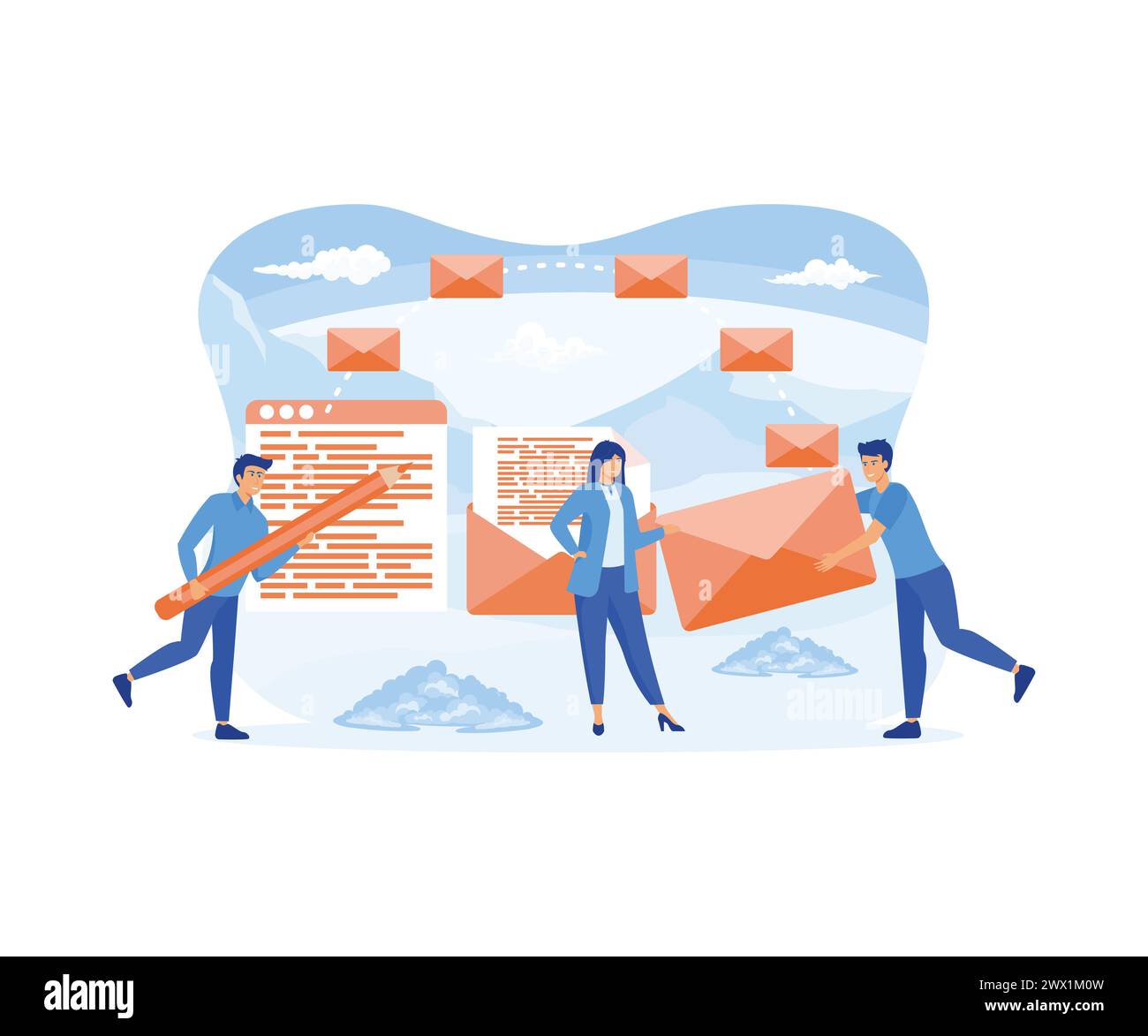 Concept de service de courrier. Les gens sont engagés dans l'envoi de courrier, de messages et de colis aux clients. illustration moderne vectorielle plate Illustration de Vecteur