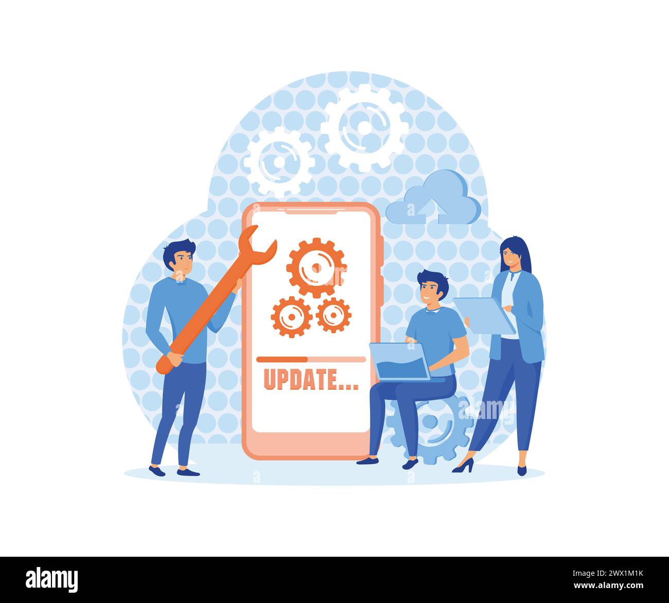 Mises à jour du système avec des personnes qui mettent à jour l'opération dans des programmes informatiques et d'installation. application mobile. illustration moderne vectorielle plate Illustration de Vecteur