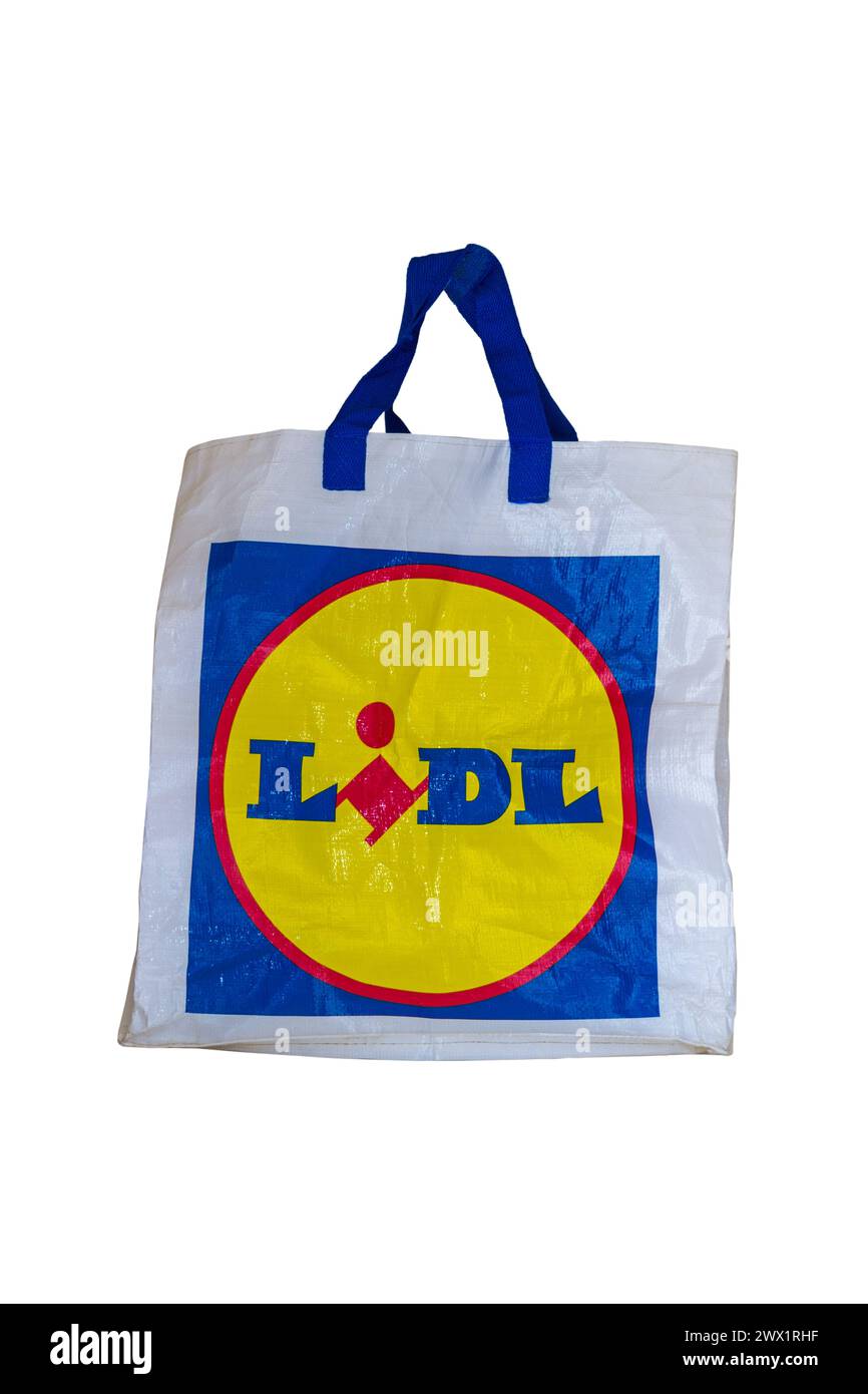 Sac à provisions Lidl isolé sur fond blanc Banque D'Images