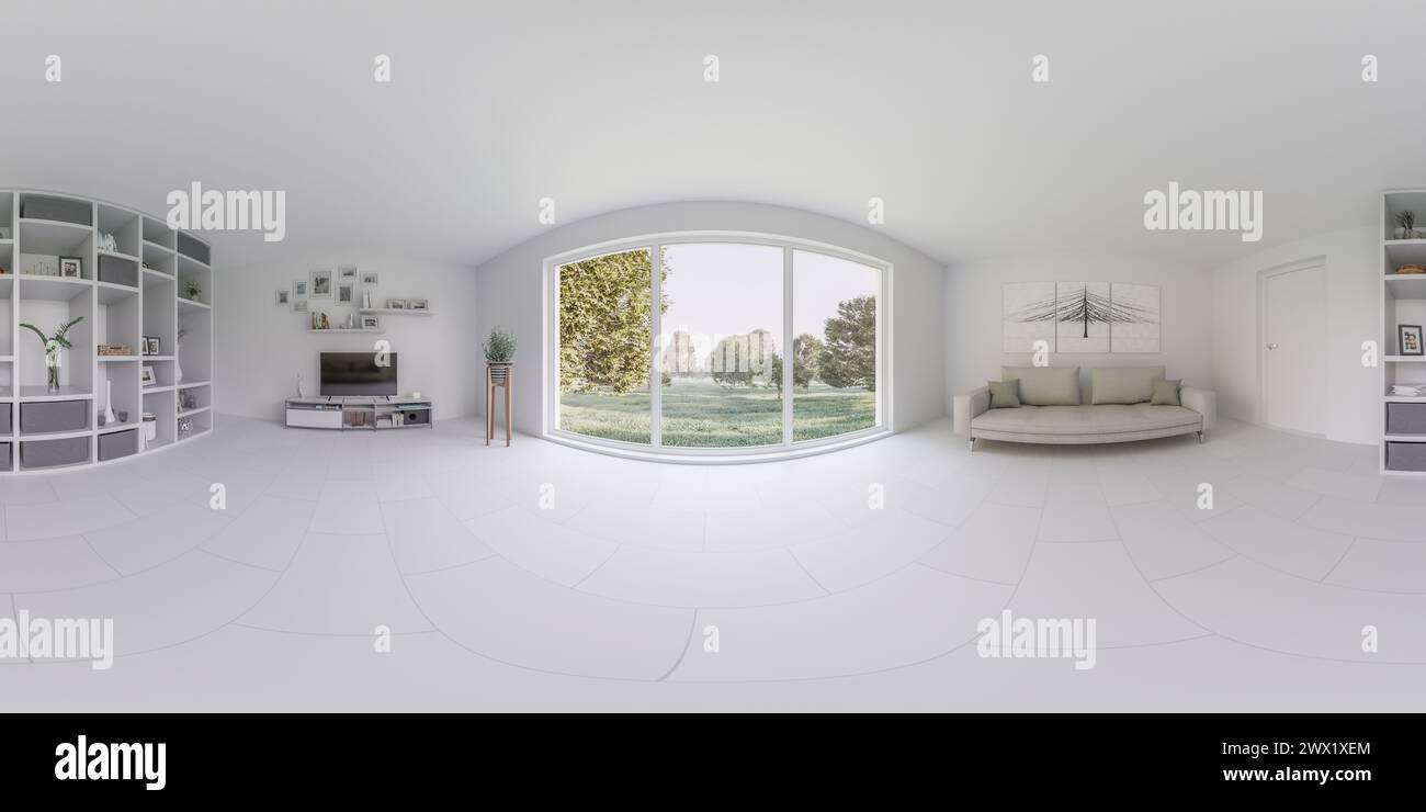 Salon rempli de meubles et grande fenêtre 360 panorama vr carte de l'environnement Banque D'Images
