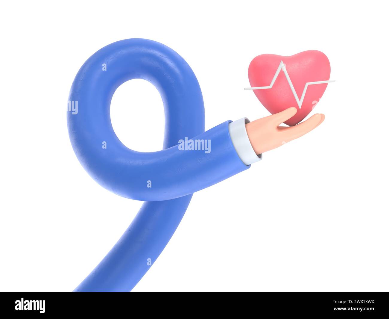 rendu 3d. Icône de fréquence cardiaque médicale. Médecin ou cardiologue main de dessin animé tenant le cœur avec la ligne de la carte. Illustration de soins de santé.concept de bras longs. Banque D'Images