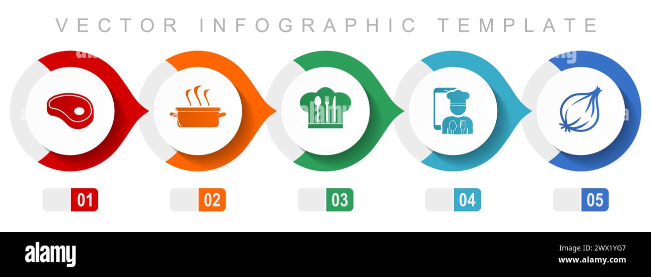 Modèle infographique de conception de plat de nourriture, symboles divers tels que steak, pot, chapeau de chef et oignon, collection d'icônes vectorielles Illustration de Vecteur