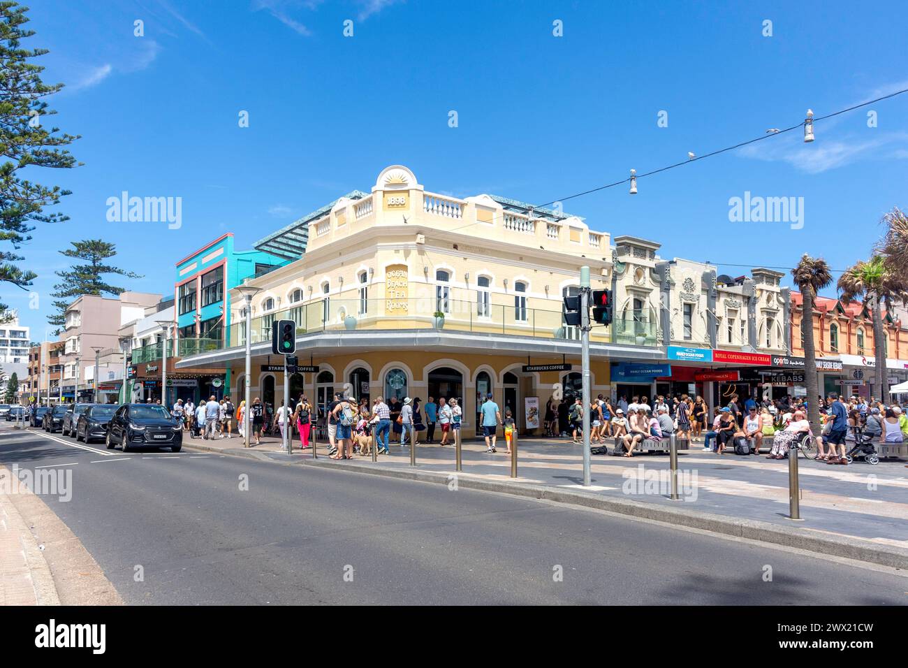Historic Ocean Beach Tea Rooms Building, CNR South Steyne and the Corso, Manly, North Sydney, Sydney, Nouvelle-Galles du Sud, Australie Banque D'Images