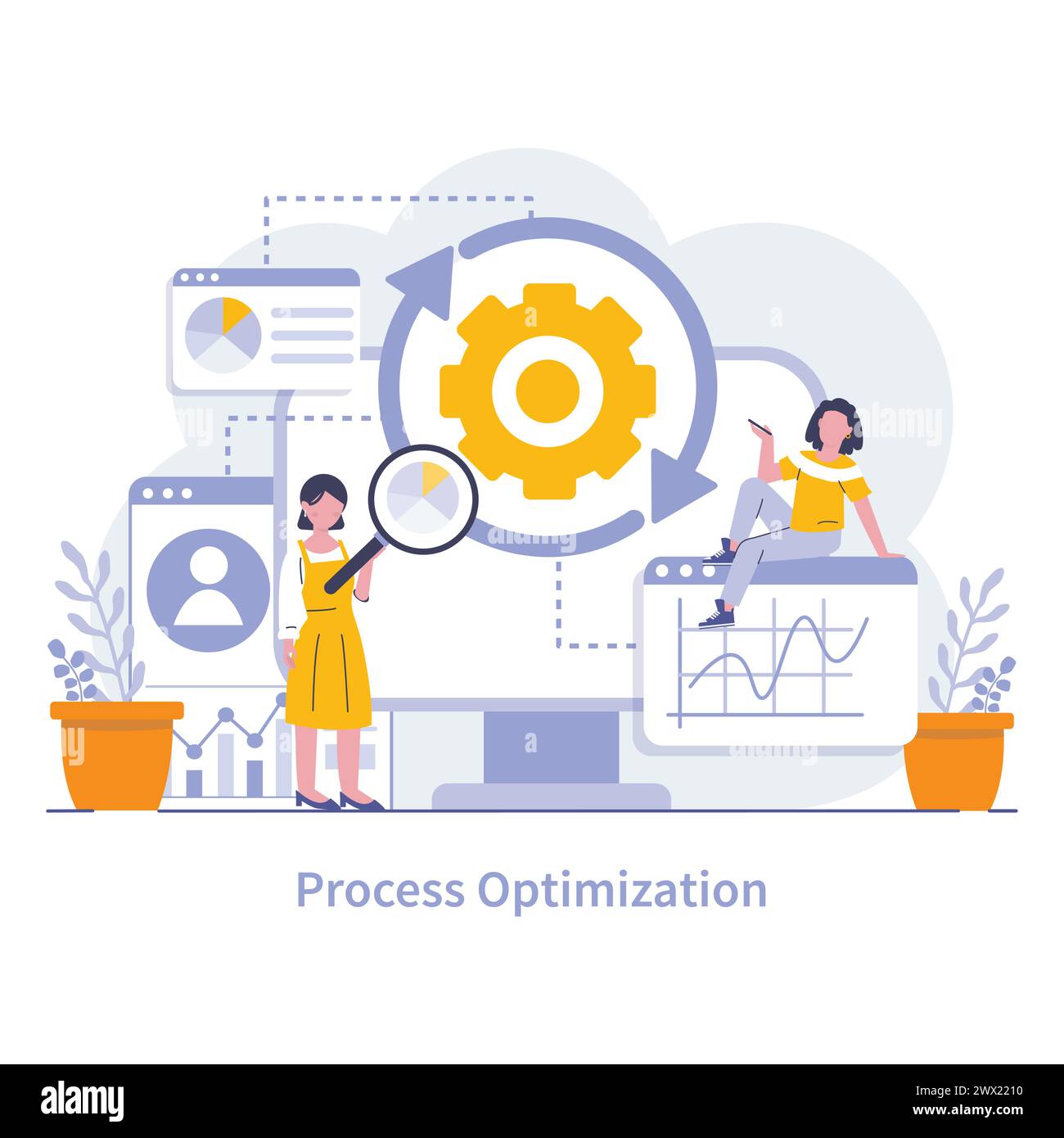 Concept d'optimisation des processus. Amélioration de l'efficacité des workflows de production et d'entreprise. Améliorations stratégiques pour réduire les coûts et améliorer les performances. Excellence opérationnelle ciblée. Illustration de Vecteur