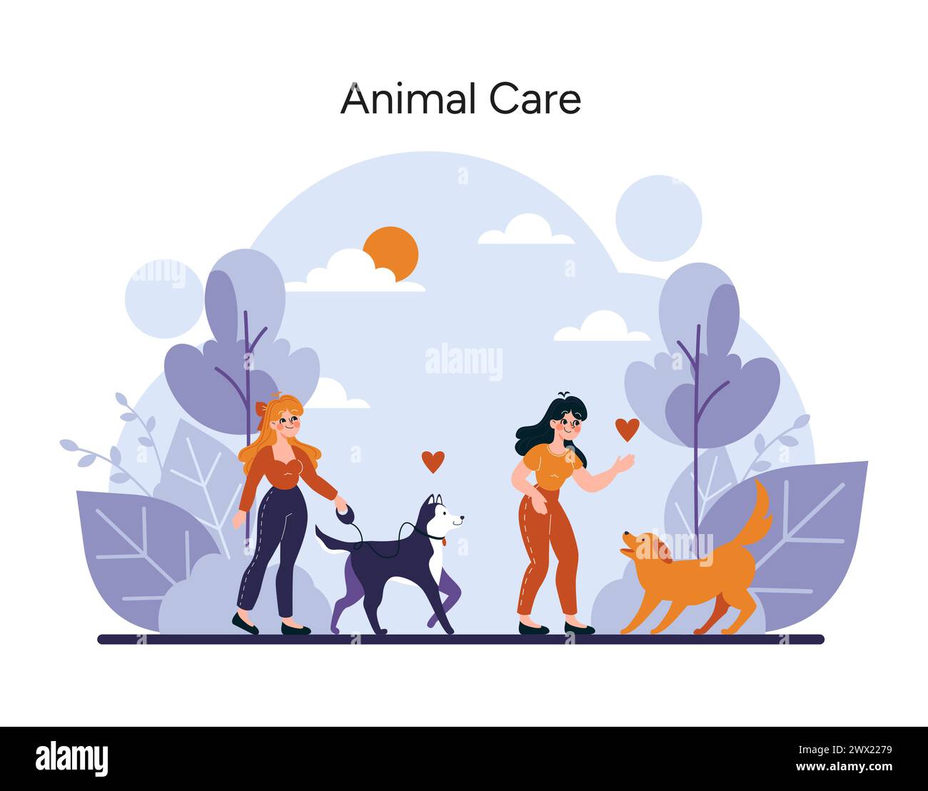 Ensemble de soins compatissants pour animaux. Représentation vibrante de la joyeuse possession d'un animal de compagnie, avec une famille aimante qui s'engage avec ses chiens fidèles dans un cadre paisible en plein air. Illustration vectorielle Illustration de Vecteur