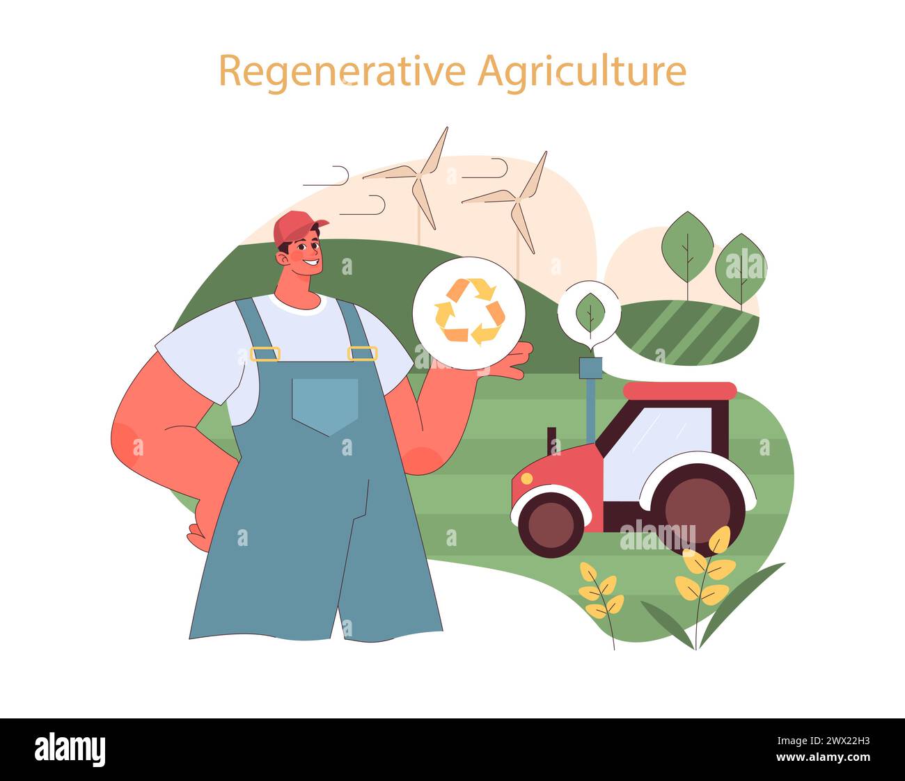 Concept d'agriculture régénérative. Farmer promeut des pratiques agricoles écologiques. Gestion durable des sols et rotation des cultures. Illustration de Vecteur