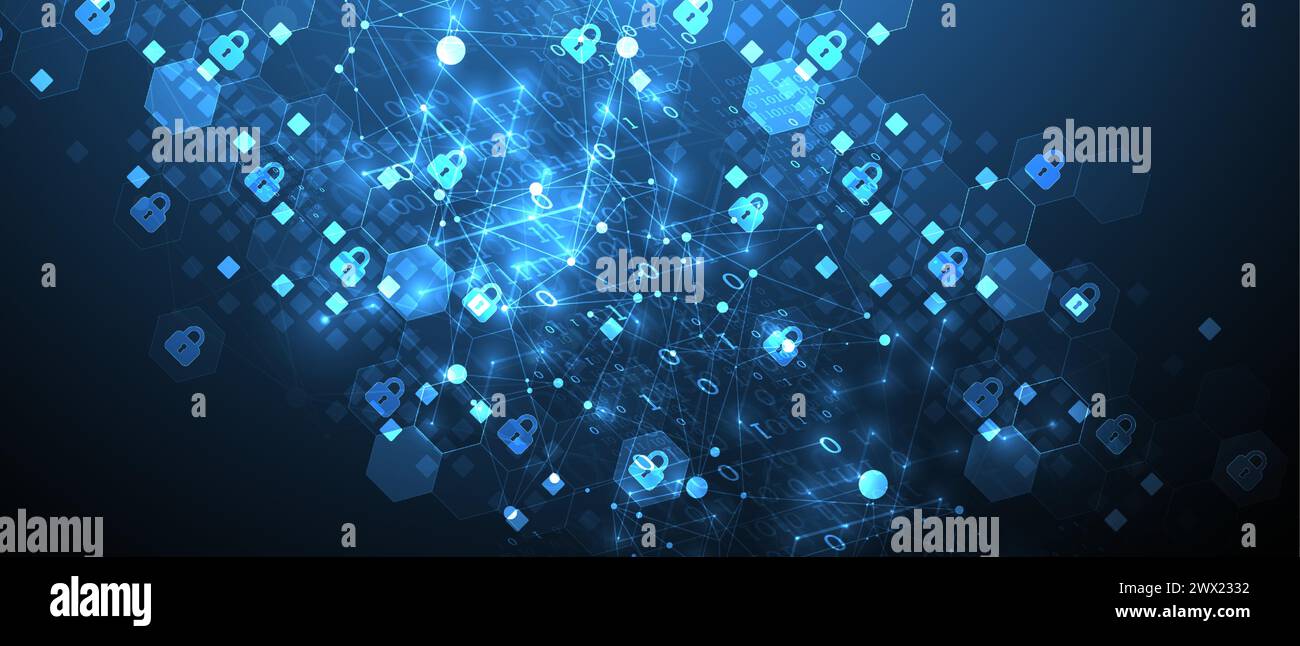 Fond technologique avec ornement isométrique. Sécurité numérique, protection des informations. Icônes de verrouillage au milieu de l'hexagone. Illustration de Vecteur