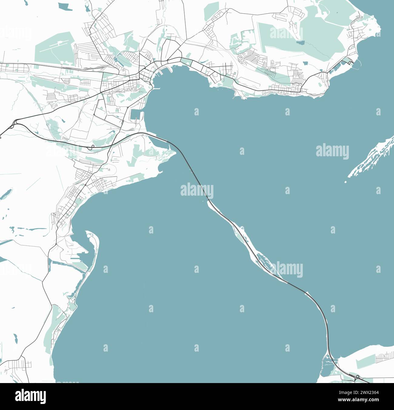 Carte vectorielle Kerch. Carte détaillée de la zone administrative de la ville de Kerch. Plan avec routes et ponts, eau, forêt. Carte décorative touristique. Illustration de Vecteur