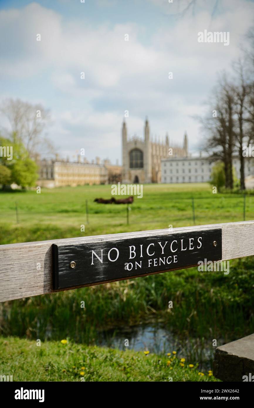 Une photo du King's College Cambridge, prise à l'arrière en été, avec une pancarte en bois indiquant « pas de vélos sur la clôture » Banque D'Images