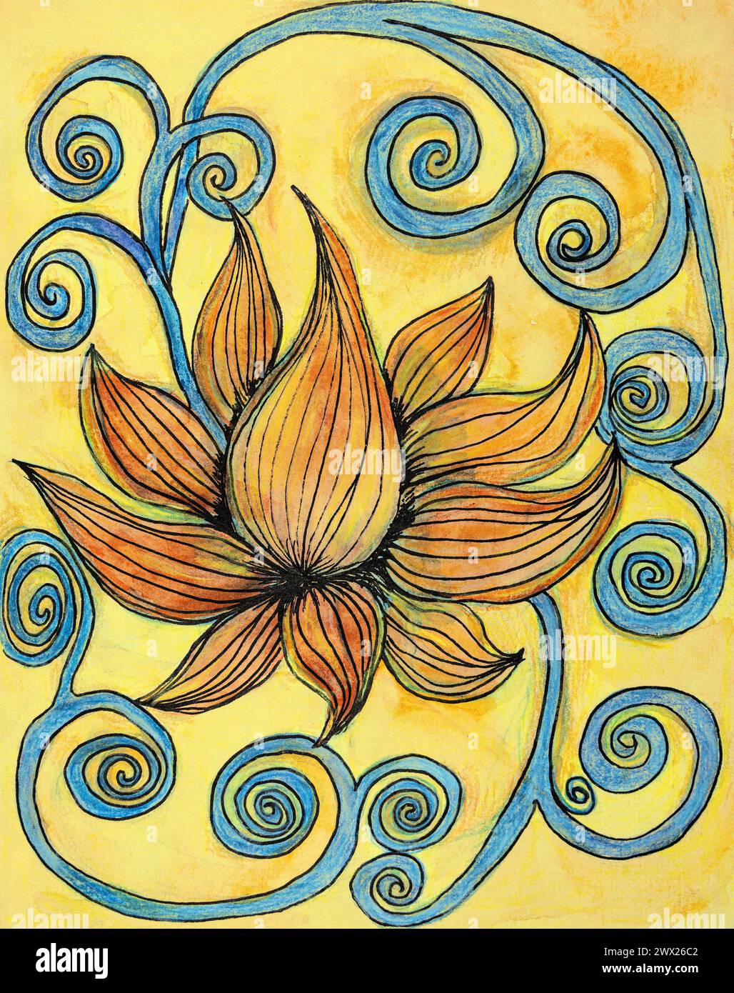 Fleur de Lotus avec ligne La technique de tamponnage près des bords donne un effet de flou dû à la rugosité de surface modifiée du papier. Banque D'Images